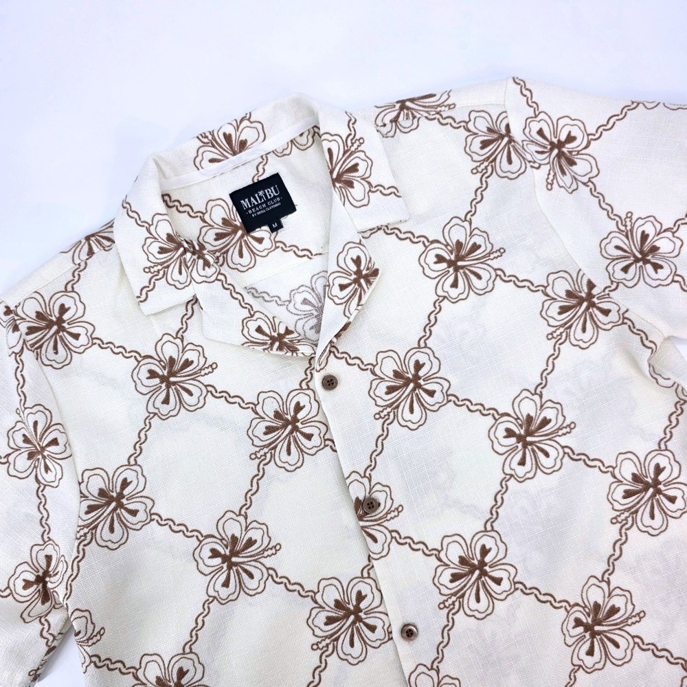Malibu Beach Club Mens‎ Brown Hibiscus Lattice Print Short Sleeve Shirt Medium
